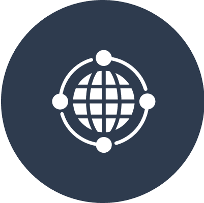 Globe icon with orbiting white dots.