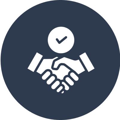 Handshake icon with checkmark on blue background.