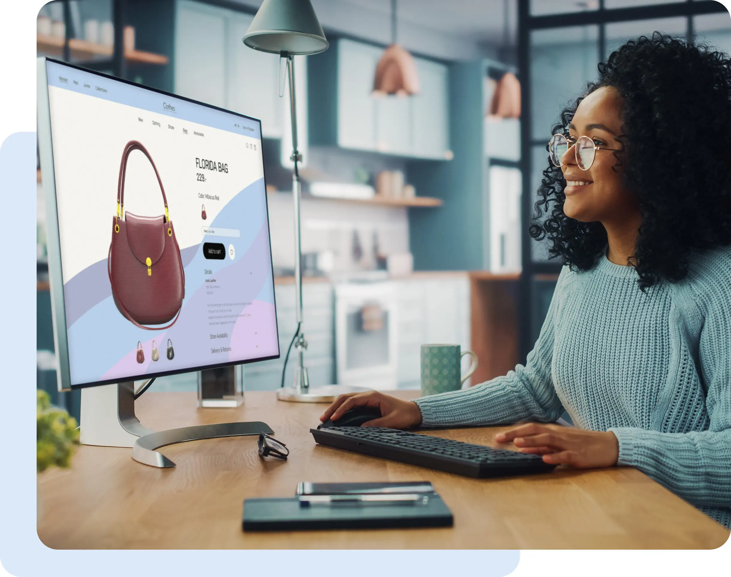 Woman shopping online for a handbag.