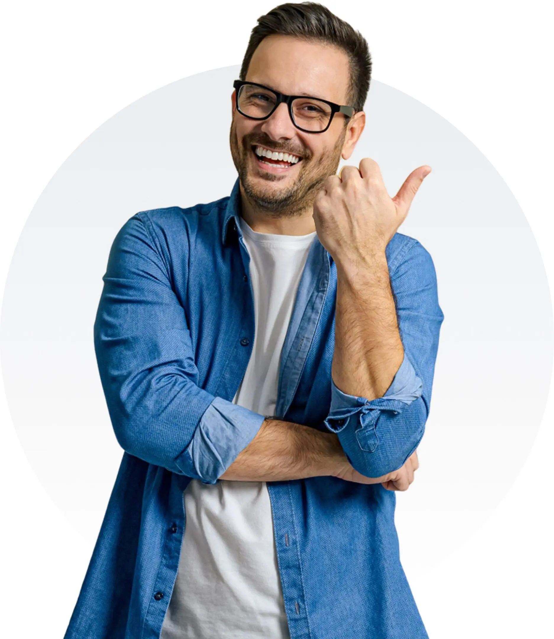 Smiling man in glasses giving thumbs up.
