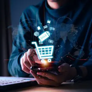 Online shopping concept with digital cart.