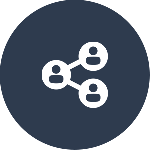 Social media share icon in dark circle.