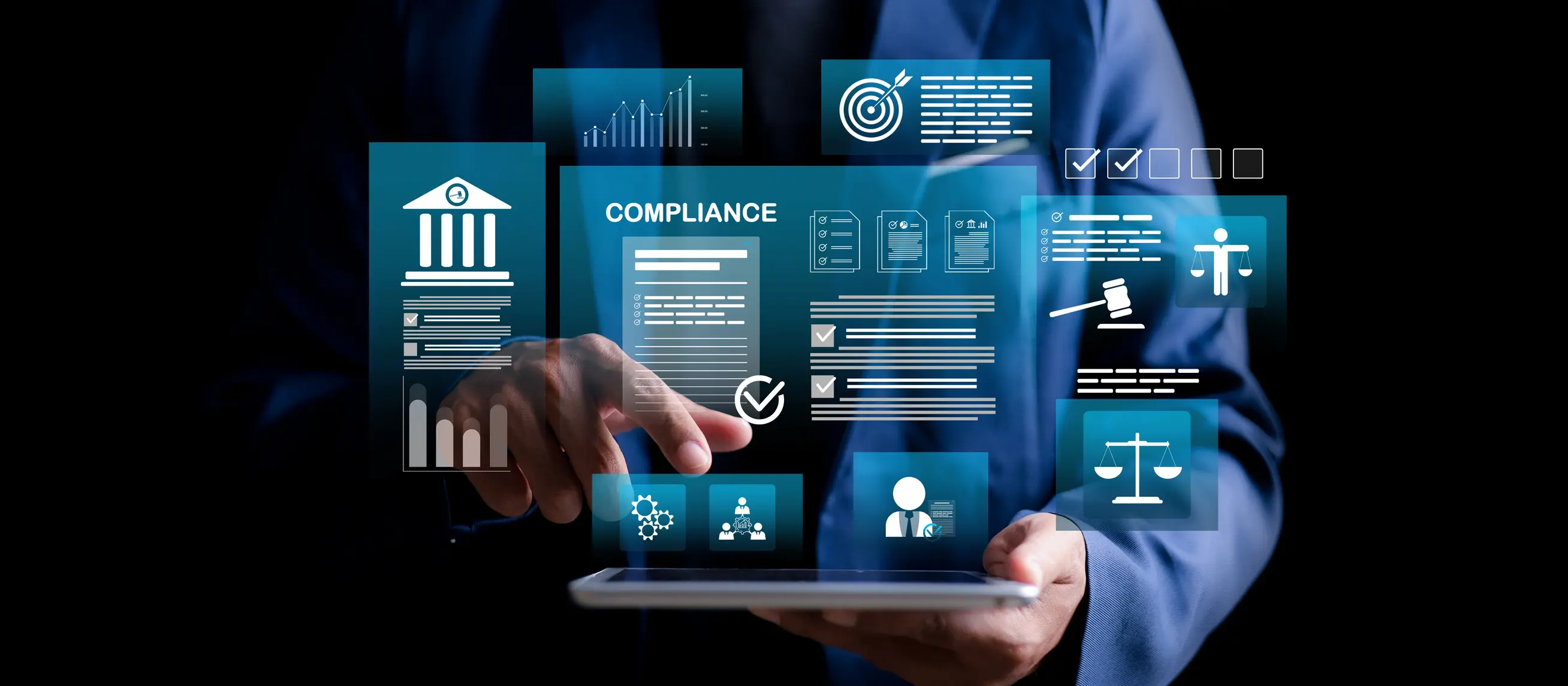 Compliance in business concept. Laws concept. Enforce laws, regulations and standards. requirements, audit diagram on virtual screen.