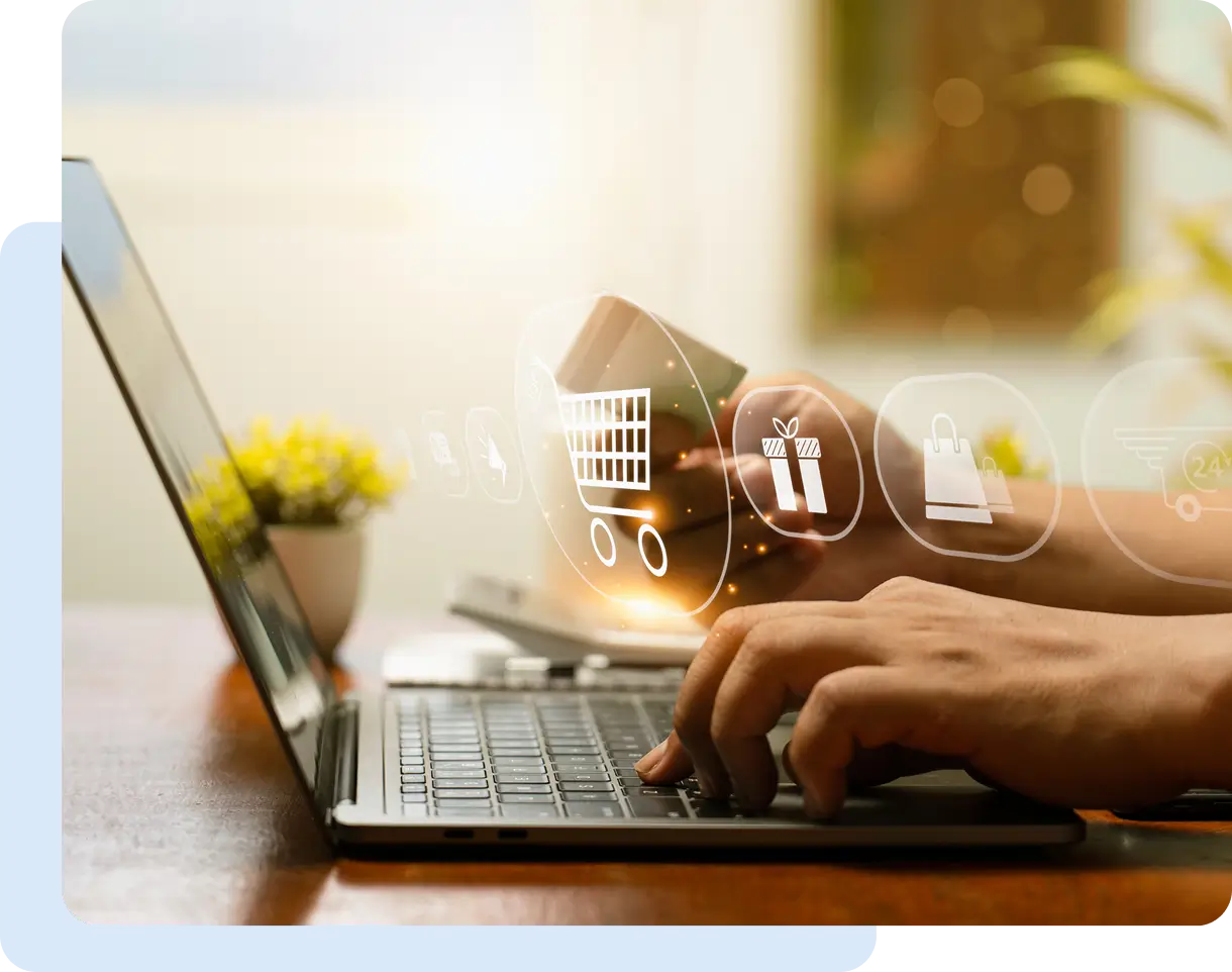 Online shopping with laptop and credit card.